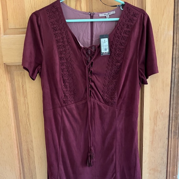 **consigned** MissMe Wine Colored Suede Mini Dress with Lace Up Chest Detail - Picture 3 of 12